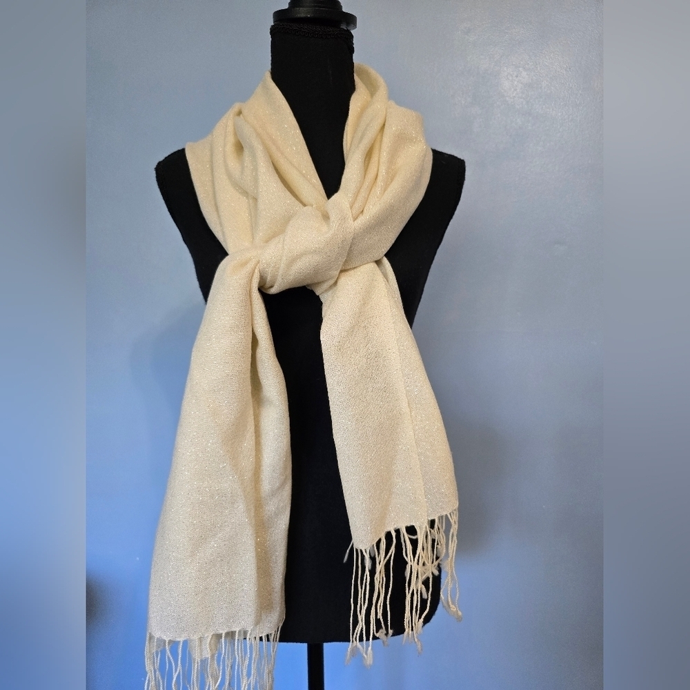 J. McLaughlin Wool Metallic Cream Scarf 24" X 65"